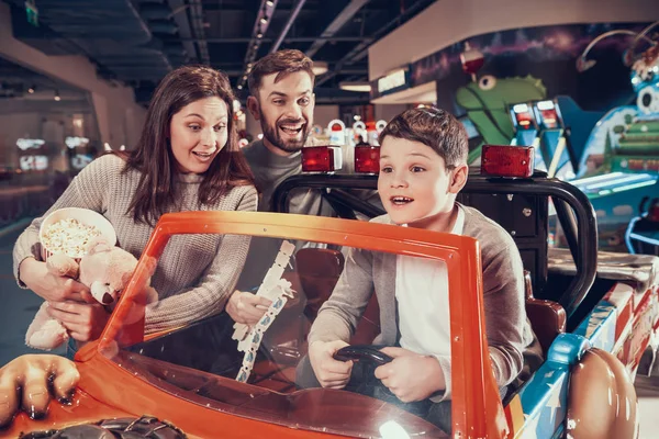 Happy Family Enraptured Son Sitting Toy Car Rest Holiday Leisure — Stock Photo, Image