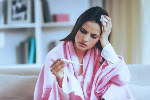 Illness Woman Look at Thermometer. — Stock Photo, Image