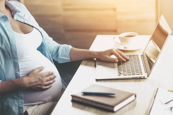 Fechar Jovem grávida mulher usando laptop em casa — Fotografia de Stock