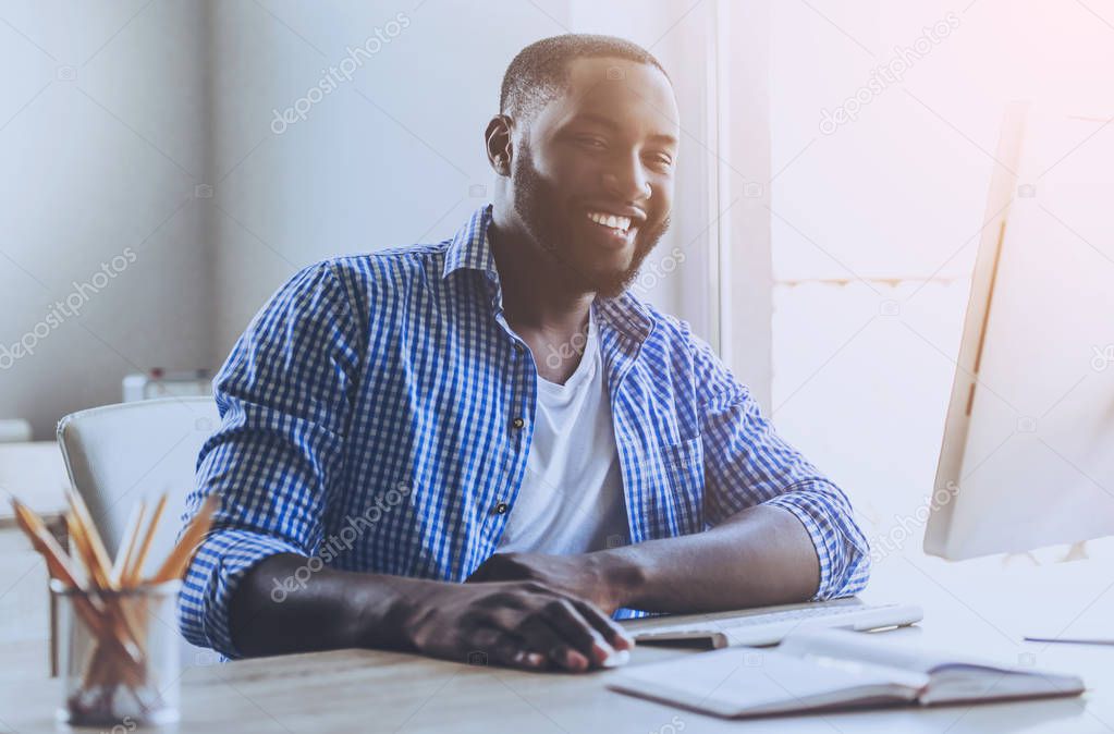 Beard Young Afro-american Man Working wih Computer