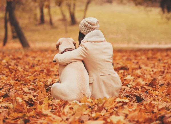 Herrin umarmt mit Hund — Stockfoto