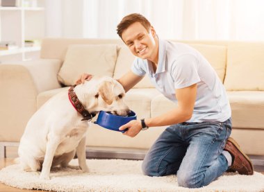 Besleme köpek oda katta oturan genç adam.