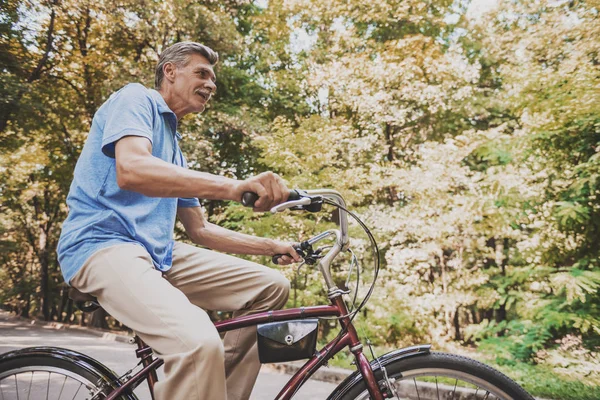 Alter Mann sitzt im Sommer auf Fahrrad im Park. — Stockfoto