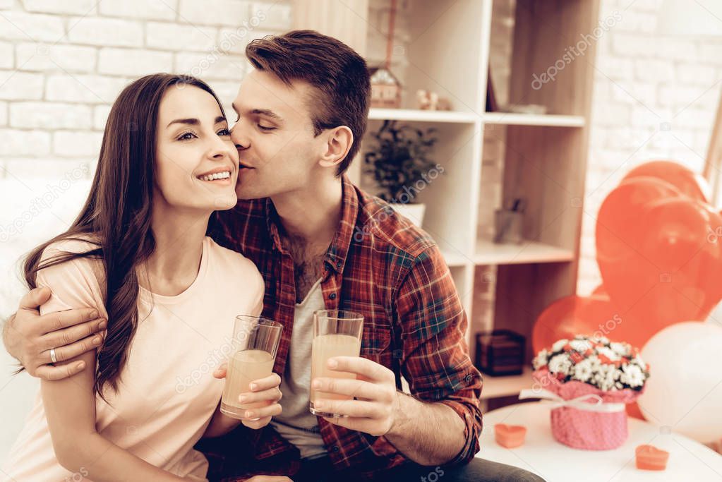 A Guy And A Girl Romantic Kiss On Saint Valentine's Day. Love Each Other. Sweet Holiday. Sweetheart's Celebration Concept. Young And Handsome. Happy Relationship. Feelings Showing.