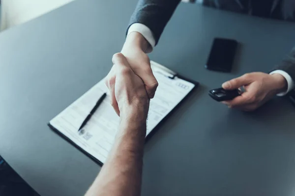 Two Businessmen Shaking Hands Finishing Meeting Adult Man Signing Contract — Stock Photo, Image