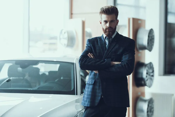 Handsome Bearded Businessman Standed Car Portrait Stylish Confident Caucasian Person — Stock Photo, Image