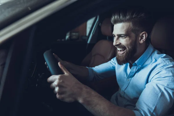 Portrait Laughing Bearded Man Driving Car Caucasian Buisiness Man White — Stock Photo, Image