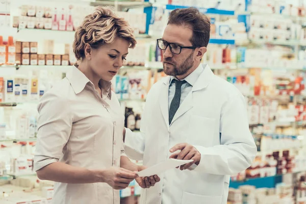Pharmacist Counseling Female Customer Drugstore Pharmacist Wearing White Coat Glasses — Stock Photo, Image