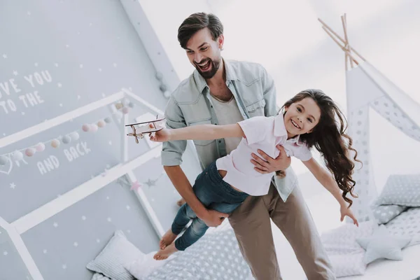 Cute Young Daughter Playing Handsome Dad Happy Father Day Concept — Stock Photo, Image