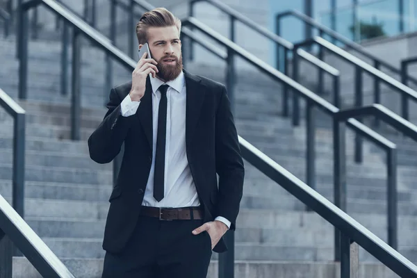 Handsome Businessman Talking Mobile Phone Young Caucasian Man Holding Smartphone — Stock Photo, Image