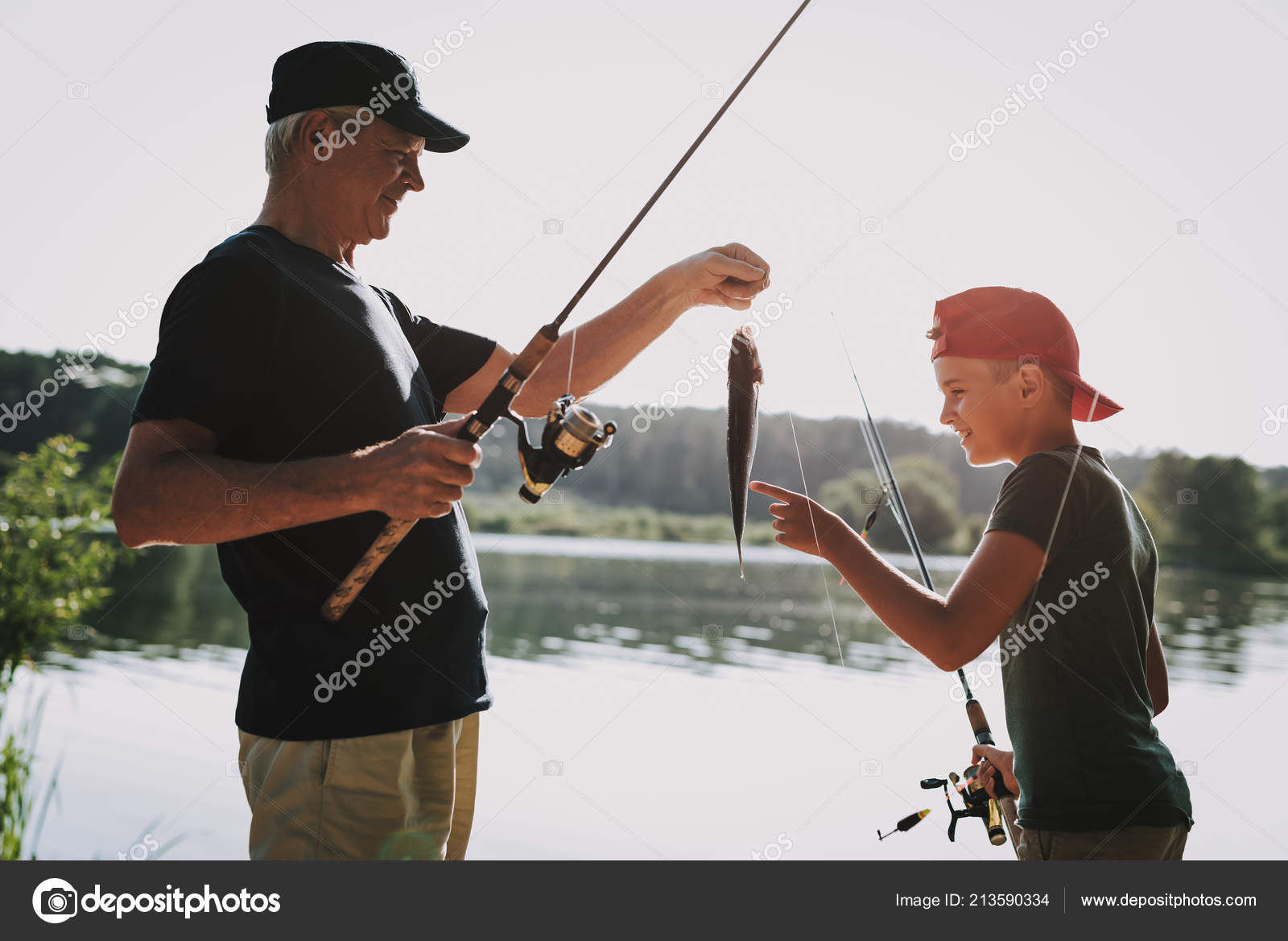 Happy Grandfather Grandson Fishing River Summer Relaxing Outdoor