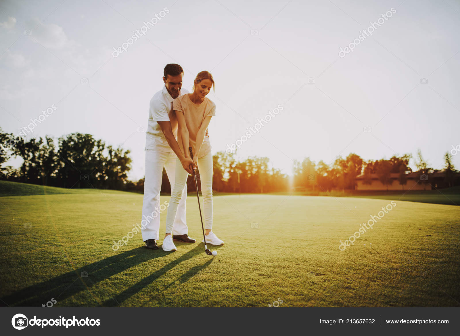 Young Happy Couple Playing Golf Field Summer Relaxing Golf Club Stock