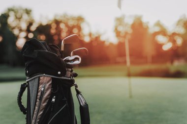 Bayrak ile yeşil alan üzerinde siyah çanta Golf sopa. Yeşil çim. Spor yaz kavram. Açık eğlence kavramı. Bayrak sopa. Güneşli bir gün. Spor alanı kavramı. Çelik Golf sopa. Siyah çanta.