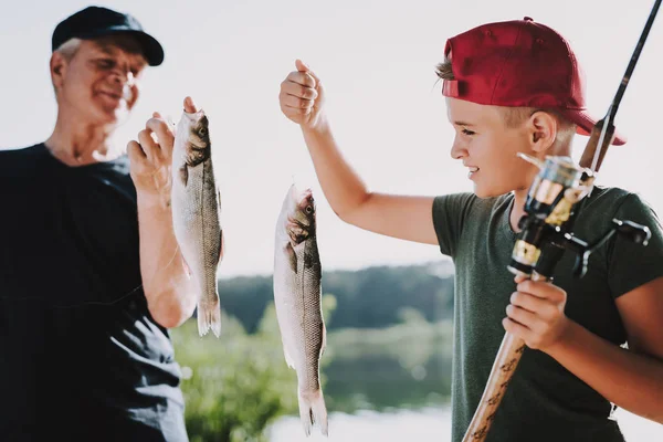 Happy Grandfather Grandson Fishing River Summer Relaxing Outdoor Old Man — Stock Photo, Image