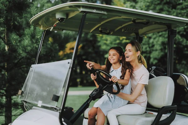 Young Mother Daughter Cart Field Happy Family Little Girl Driver — Stock Photo, Image