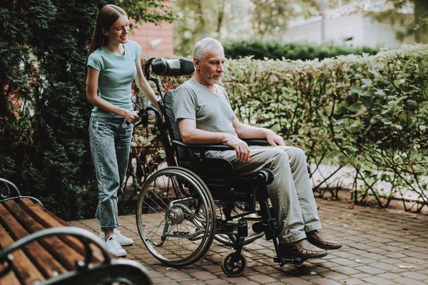 Bench and Young Girl with Old Man. Stroller and Nurse Help Aged. Nurse and Old Man Walk Together. Businessman and Girl Walk in Nature. Caregiver Help Patient with Wheelchair. Casual Walk with Girl.