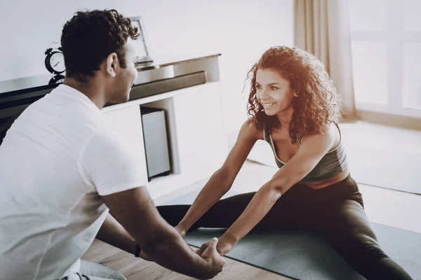 Afro American Couple. Morning Exercises Concept. Gym Carpets. Work Out Together. Healthy Lifestyle. Shape Sportswear. Attractive Athlete. Physical Healthcare. Help Each Other. Home Fitness.