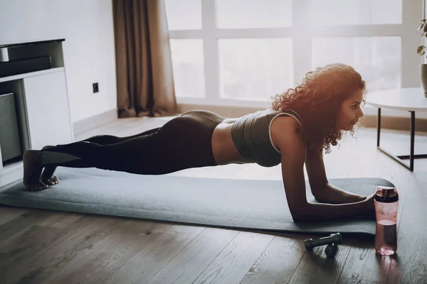 Afro American Young Girl Home Fitness Concept Morning Exercises Aerobic — Stock Photo, Image