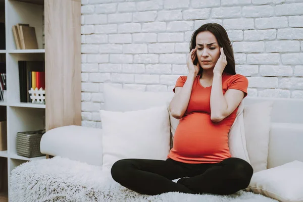 Gravid Flicka Smärta Ont Huvudet Hem Gravid Dåliga Vanor Misshandel — Stockfoto