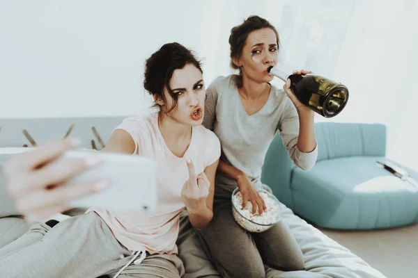 Crying Girls Doing Selfie Hen Party Bottle Champagne Hand Unhappy — Stock Photo, Image