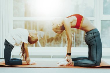 Anne ve kızı streç eğitim. Topuk dokunmatik. Yoga kavramı. Güzellik ve zarafet. Aktif yaşam tarzı. Birlikte rahatlatıcı. Evde Fitness yapıyor. Holiday Leisure. Vücut dengesi. Spor egzersiz.