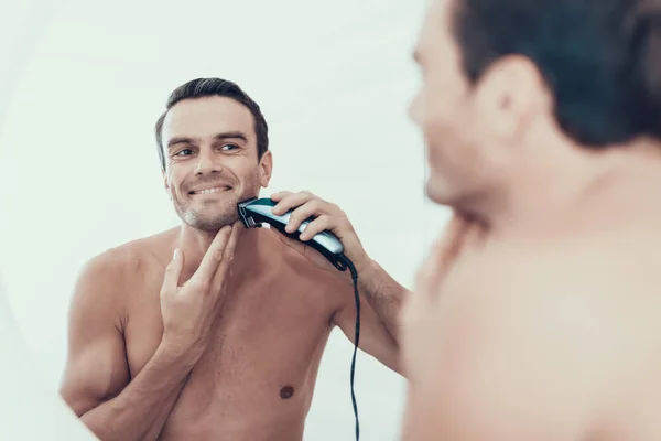 Man Looks Bathroom Mirror Shaving Beard Portrait Smiling Handsome Brown — Stock Photo, Image