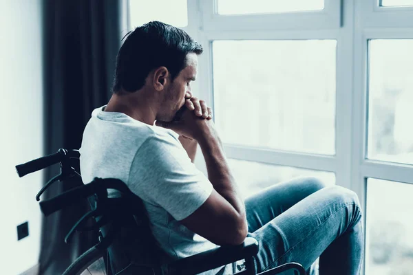 Disabled Person Wheelchair Looking Window Closeup Sad Serious Caucasian Man — Stock Photo, Image