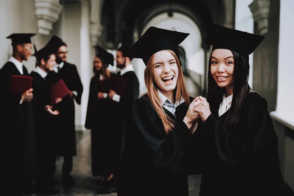 Knowledge Mortar Board Girls Architecture Happiness Intelligence Diploma Standing Corridor — Stock Photo, Image