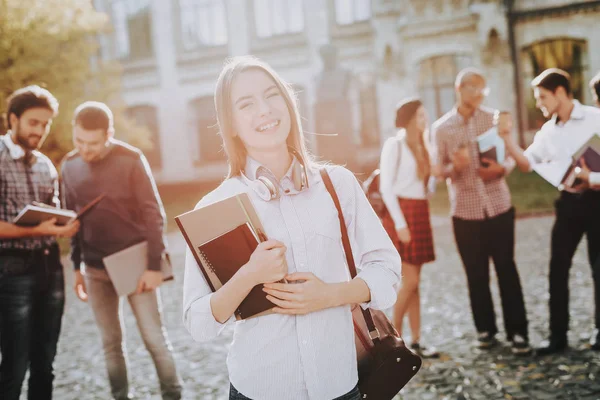 Books Standing University Girl Happy Students Courtyard Good Mood University — Stock Photo, Image