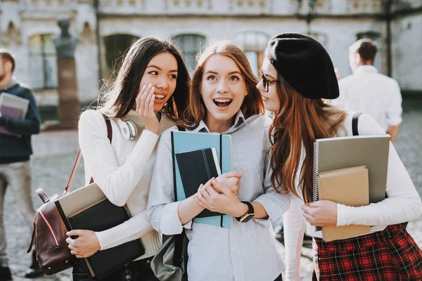 Alunos Pátio Livros Melhor Amigo Para Sempre Inteligência Raparigas Felizes — Fotografia de Stock