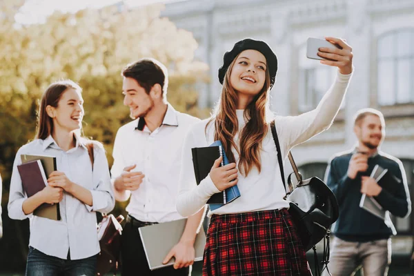 Redhead Coffee Standing University Happy Good Mood University Knowledge Courtyard — Stock Photo, Image