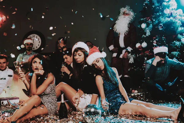Three Young Women Celebrating New Year Party Santa Claus Cap — Stock Photo, Image