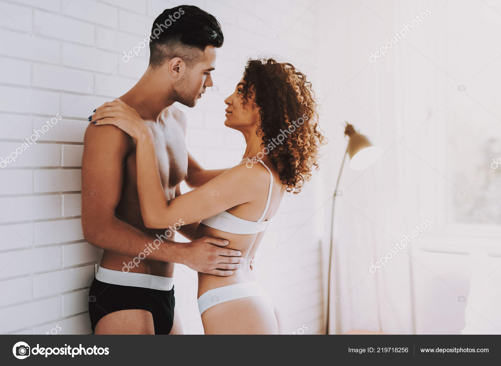 Young Beautiful Couple Underwear Bedroom Handsome Man