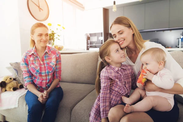 Mother Lovely Kids Sits Couch Nanny Happy Businesswoman Holding Baby — Stock Photo, Image