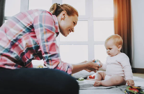 Young Mother Playing Toys Cute Baby Carpet Smiling Mom Wears — Stock Photo, Image