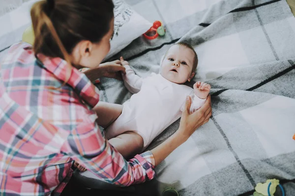 Happy Mother Plays Cute Baby Lying Carpet Smiling Mom Wears — Stock Photo, Image