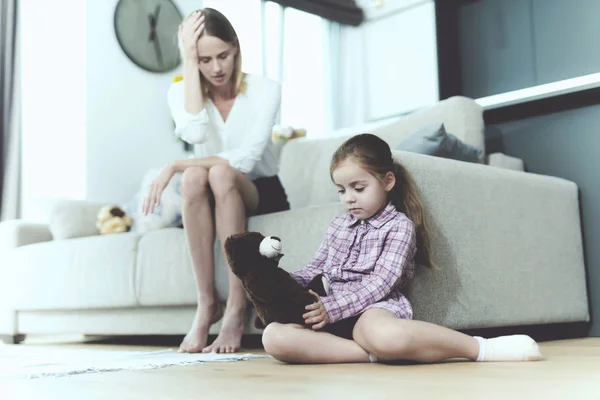 Girl Sits Floor Teddy Bear Upset Mom Disappointed Caucasian Young — Stock Photo, Image