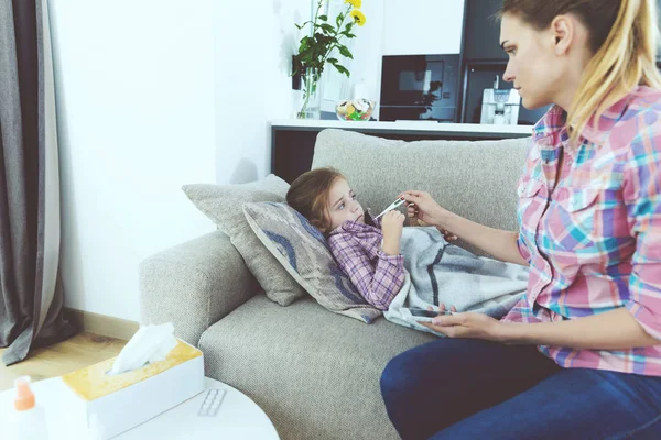 Mother Check Child Temperature Holds Phone Attentive Careful Woman Sits — Stock Photo, Image