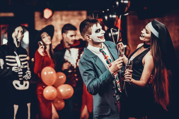 Young Smiling Couple Halloween Costumes Dancing Handsome Man Beautiful Woman — Stock Photo, Image