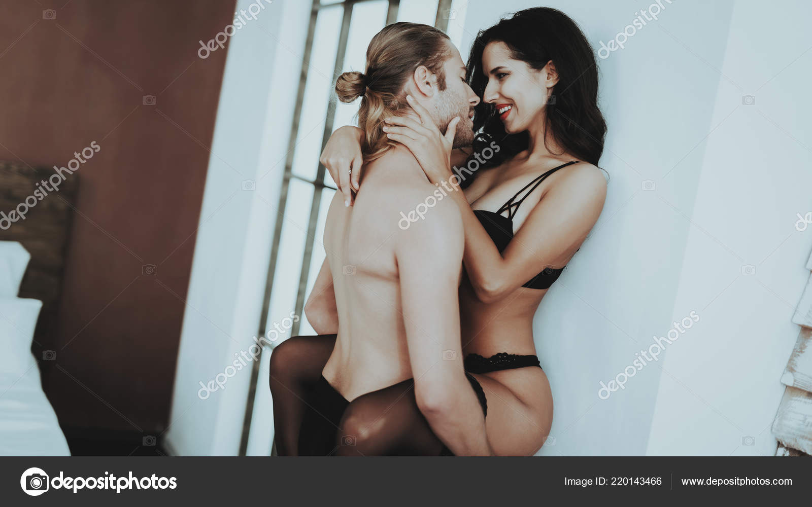 Brunette Girl Passionate Man Woman Black Lingerie Woman Bed White Stock Photo by ©vadimphoto1@gmail 220143466