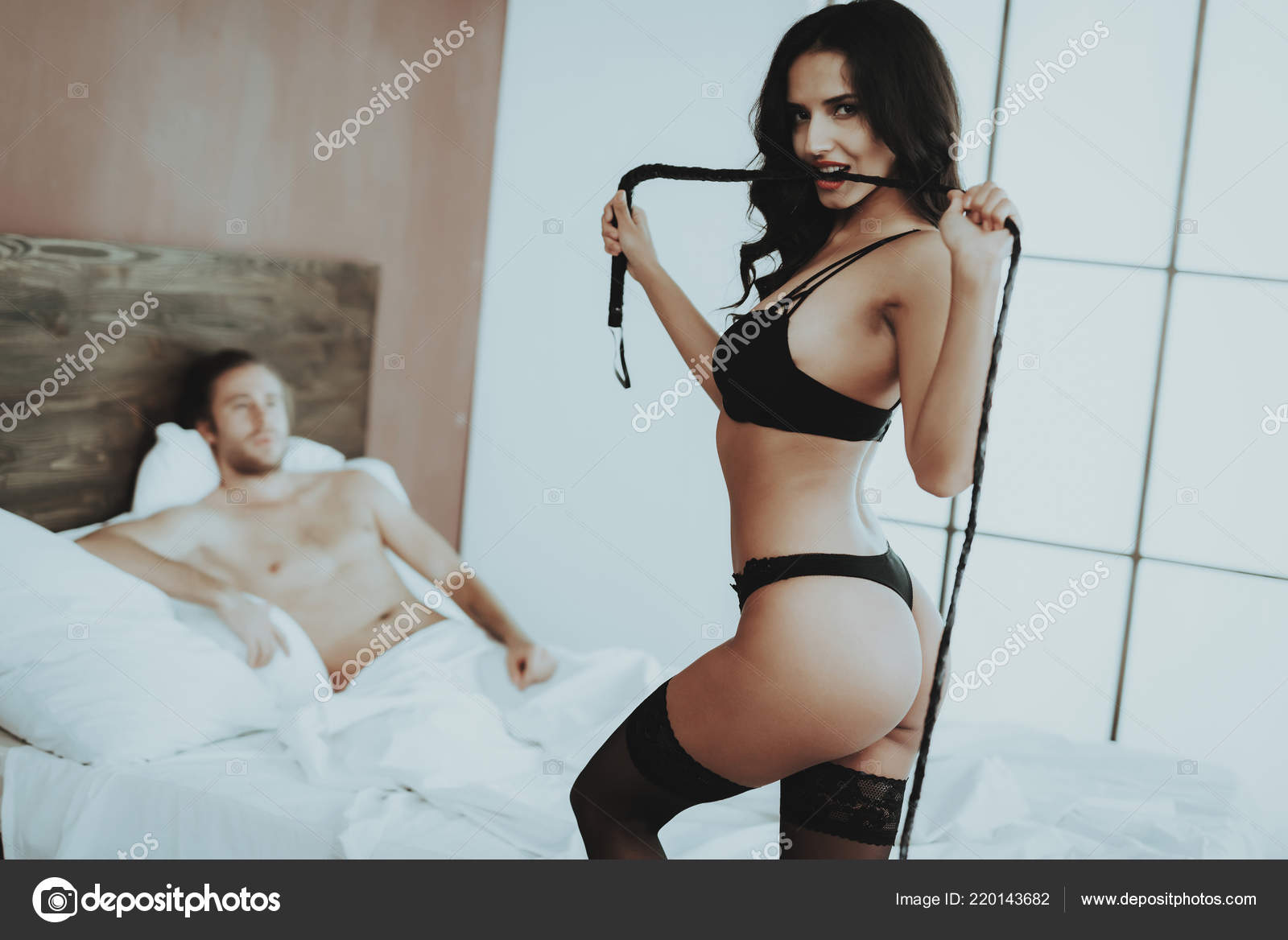 Brunette Girl Woman Black Lingerie Woman Bed White Linens Man Stock Photo by ©vadimphoto1@gmail 220143682 picture