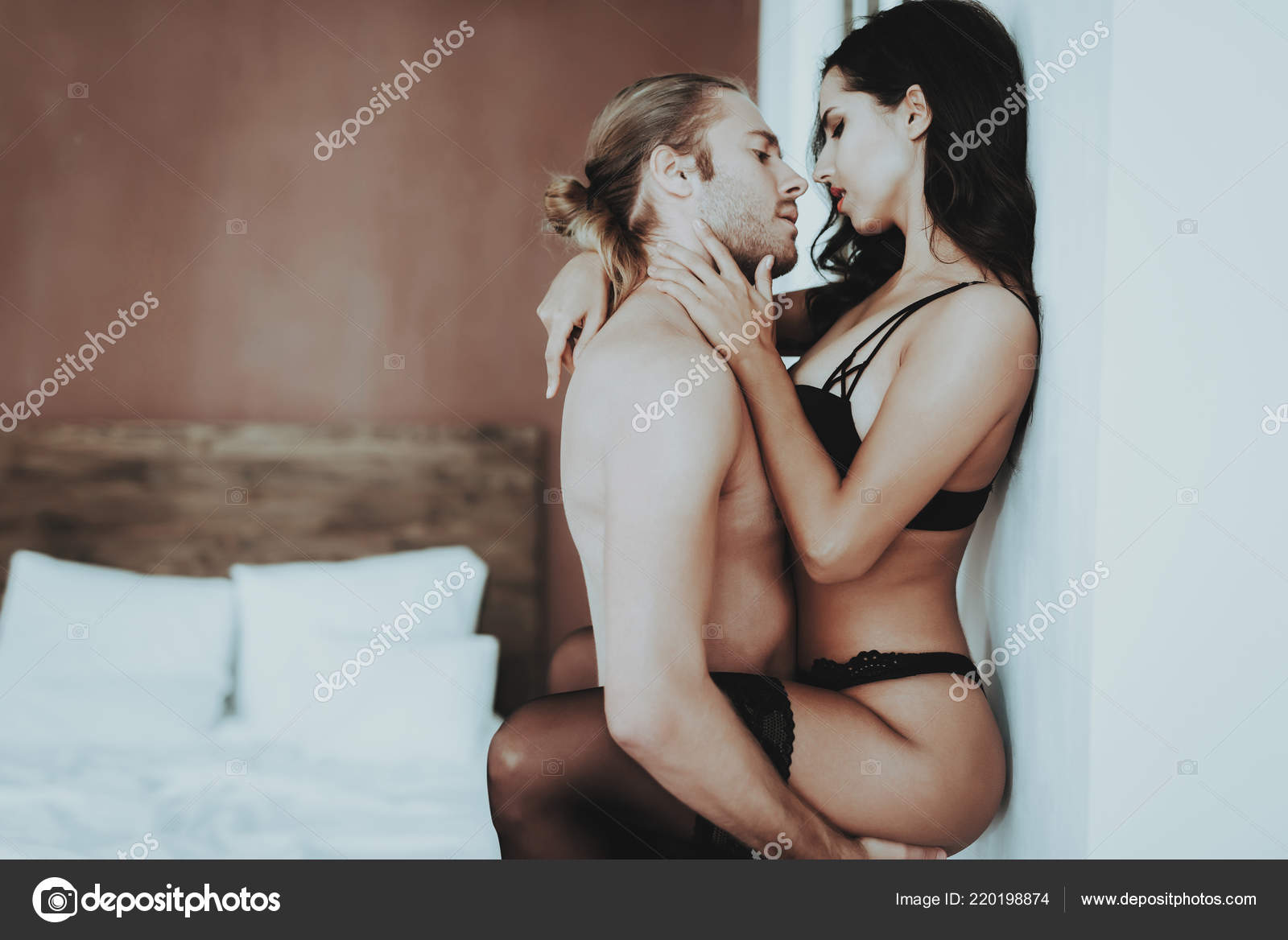 Brunette Girl Passionate Man Woman Black Lingerie Woman Bed White Stock Photo by ©vadimphoto1@gmail 220198874 photo image