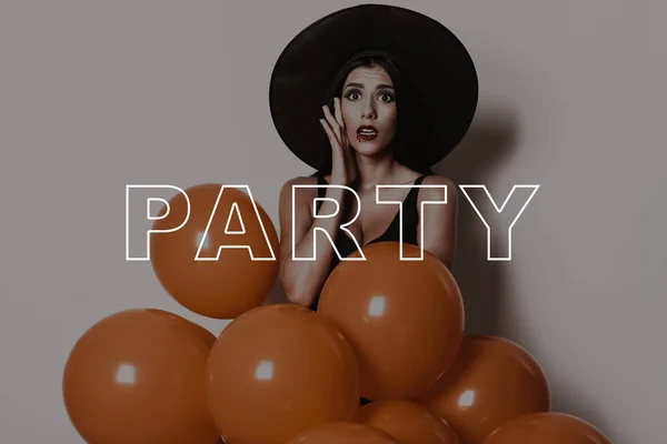 Orangefarbene Ballons Freudig Halloween Party Sexy Hexen Lacht Hüte Konfetti — Stockfoto