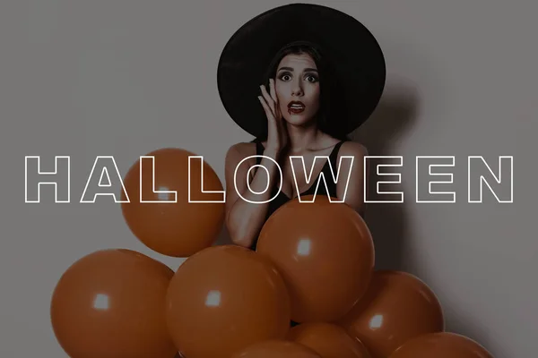 Halloween Party Lächeln Schwarzes Kleid Orangefarbene Ballons Freudig Sexy Hexen — Stockfoto