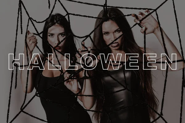 Halloween Party Spider Net Black Tight Dress Two Demon Girls — Stock Photo, Image