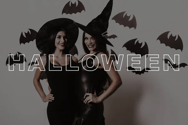 Halloween Party Black Bats Smile Slender Sexy Two Women Black — Stock Photo, Image