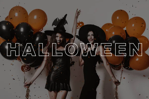 Halloween Party Witches Hats Orange Balloons Joyful Confetti Laughs Bats — Stock Photo, Image
