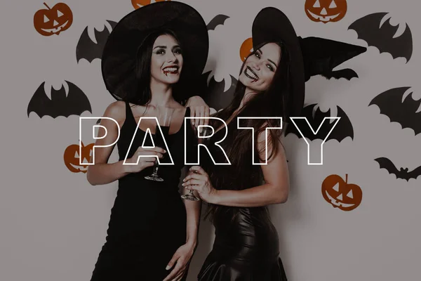 Halloween Party Glasses Blood Vampire Sexy Black Dresses Witches Laughs — Stock Photo, Image