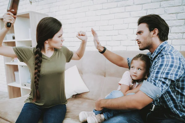 Family Problems Parents Scandal Scared Child Angry Mothar Woman Screams — Stock Photo, Image