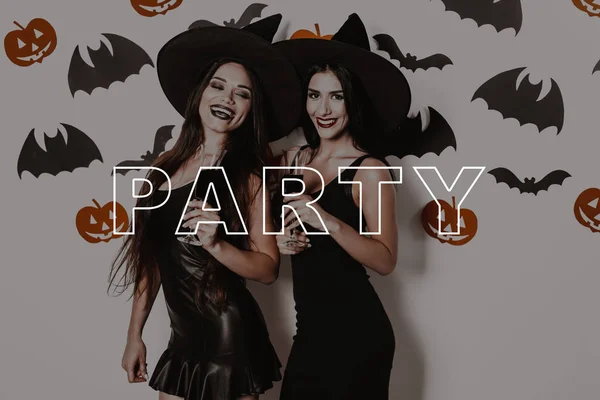 Glasses Wine Black Dresses Halloween Party Sexy Witches Laughs Hats — Stock Photo, Image